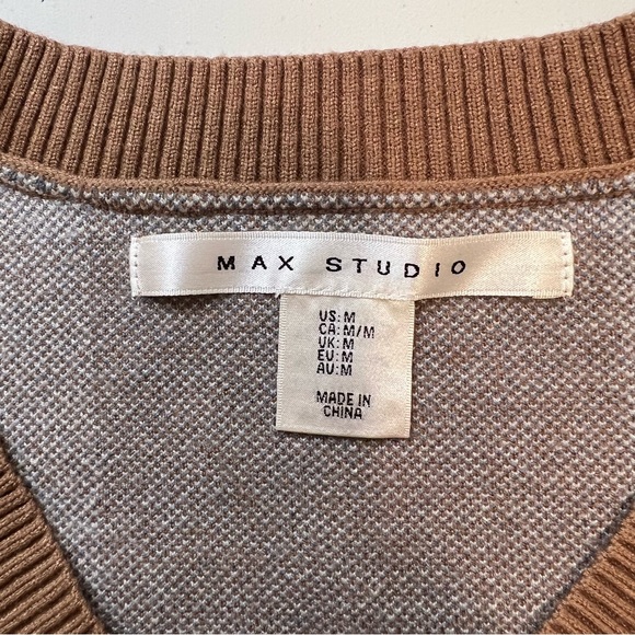 Fall plaid v-neck sweater. Tan, white and slate blue. - Picture 3 of 4